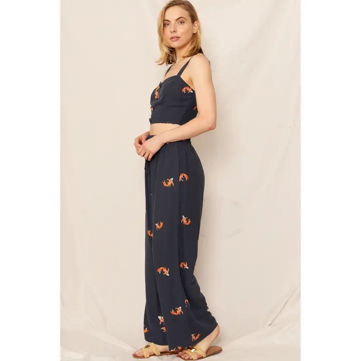 Koi Fish Print Wide Leg Pants