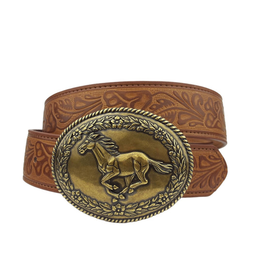 Floral Tooled Belt With Galloping Horse Buckle