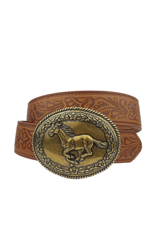 Floral Tooled Belt With Galloping Horse Buckle
