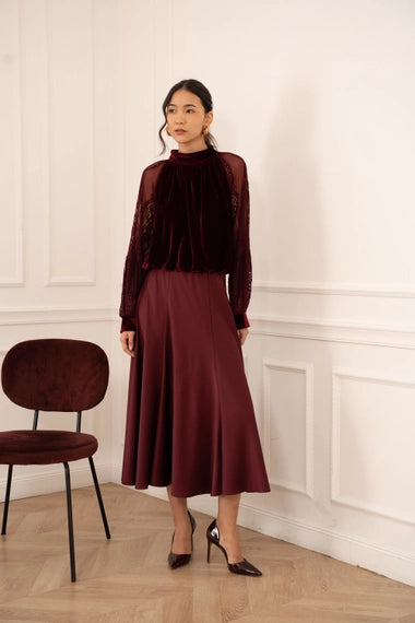 Two-Material Velvet Blouse with Lace Sleeves