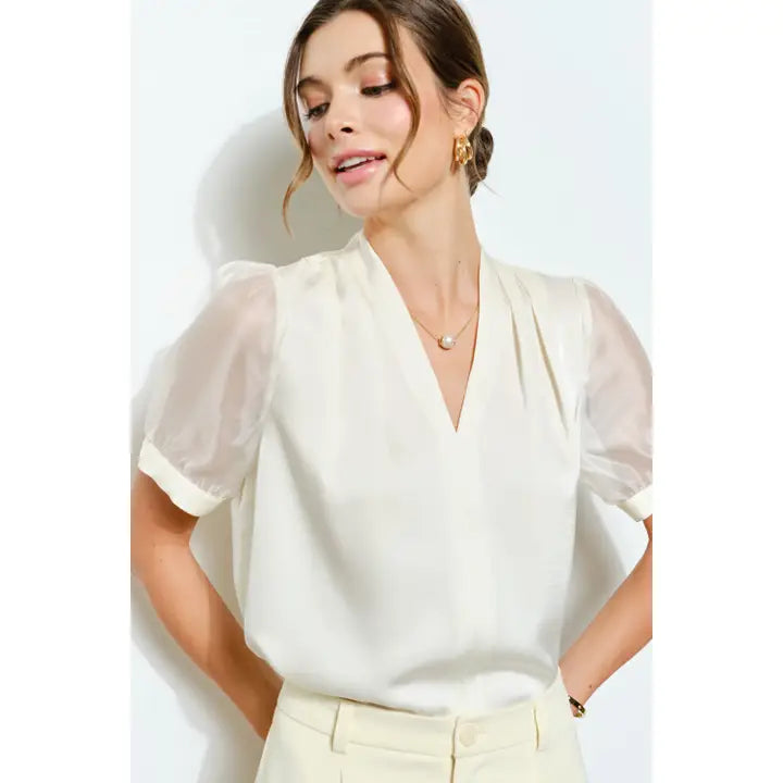 Puff Sleeve Satin V-Neck Blouse