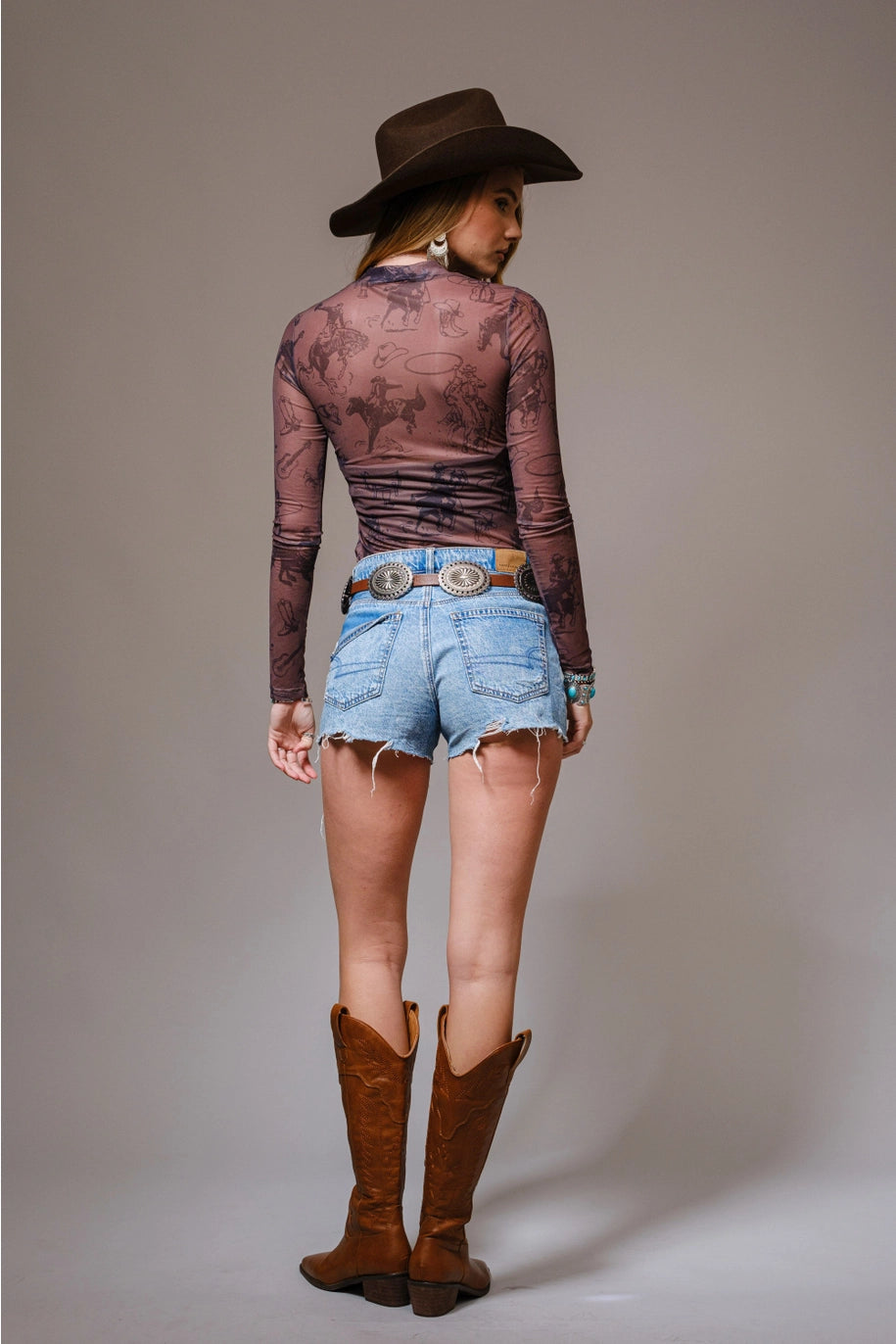Cowgirl Print Mesh Mock Neck Top