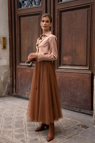 Aria Long Tulle Skirt - Camel
