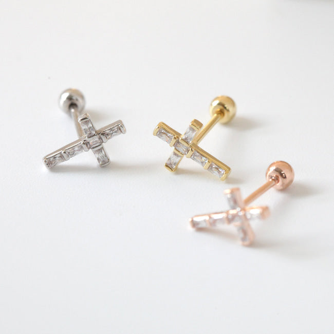 Tiny Crystal Cross Screw Back Earring