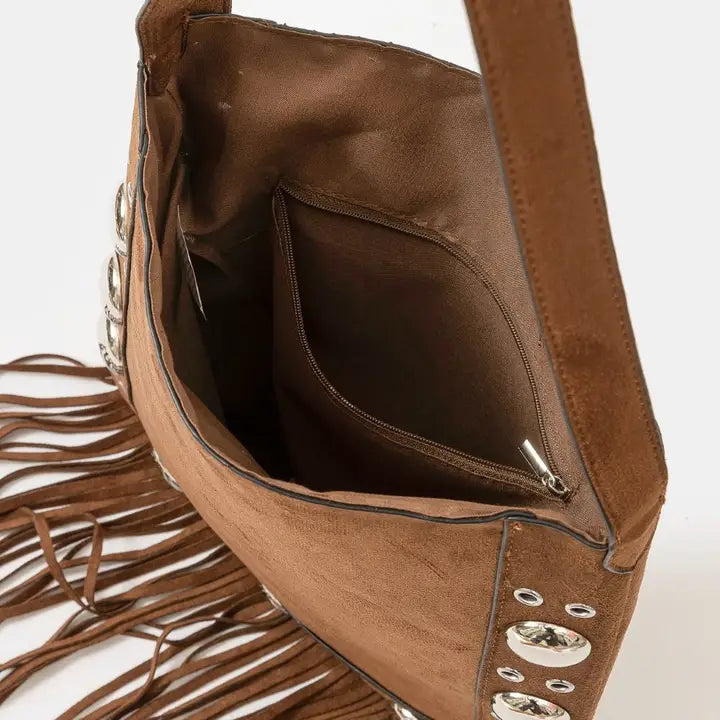 Suede Grommet Accent Fringe Tote Bag