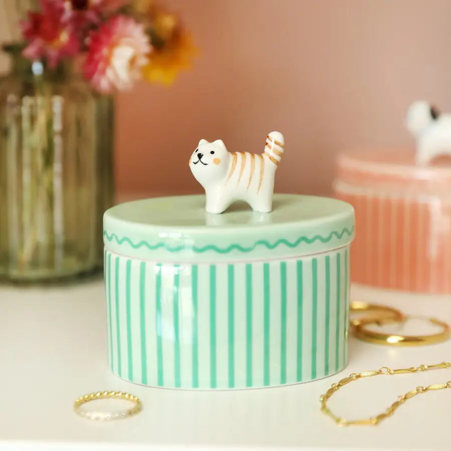 Green Oval Ceramic Cat Trinket Pot