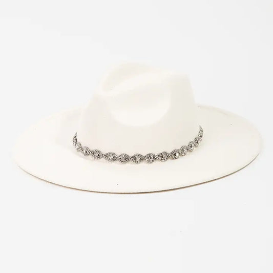 Rhinestone Chain Twist Strap Fedora Hat White