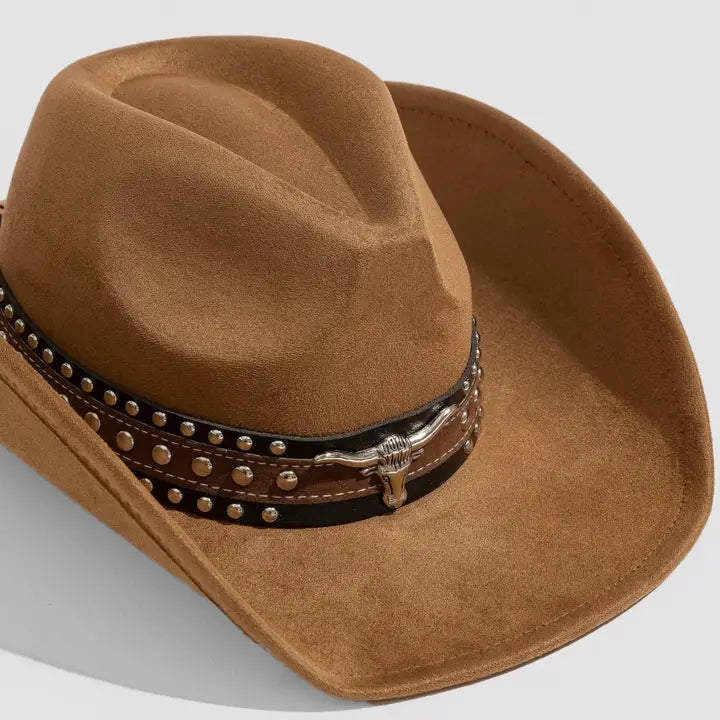 Layered Western Bull Head Strap Cowboy Hat | Brown