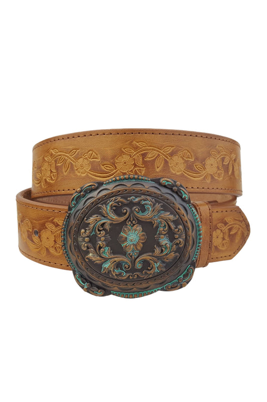 Western Brass/Patina Buckle with Vintage floral tooled belt