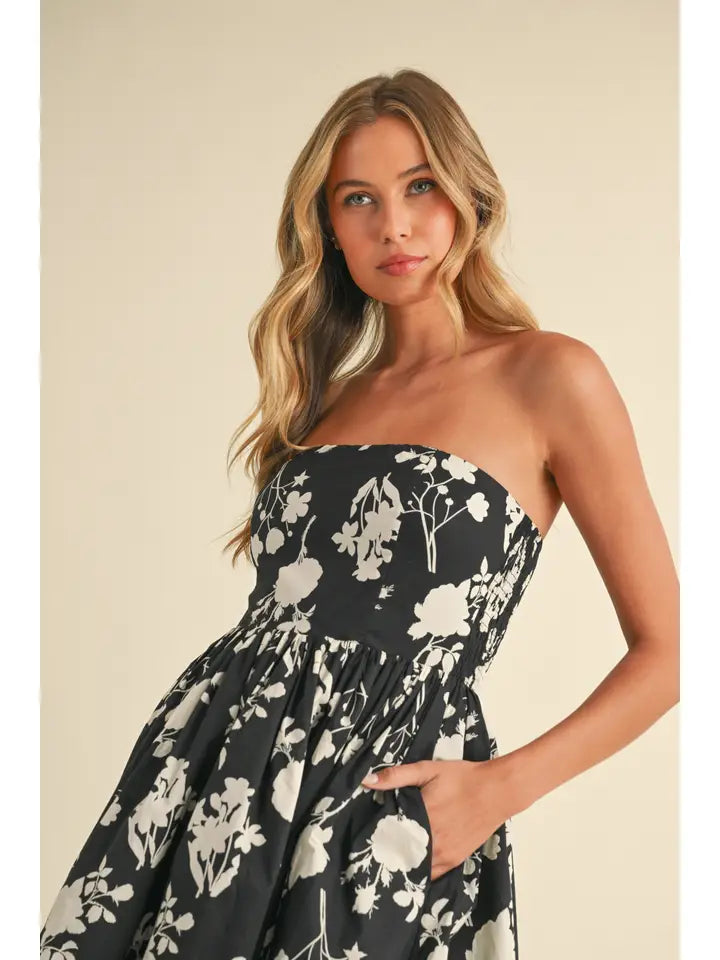 Strapless Flare Midi Dress | Black