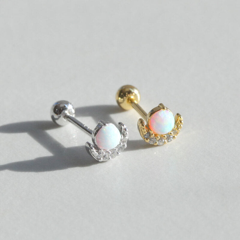 Tiny Opal Moon Screw Back Earring