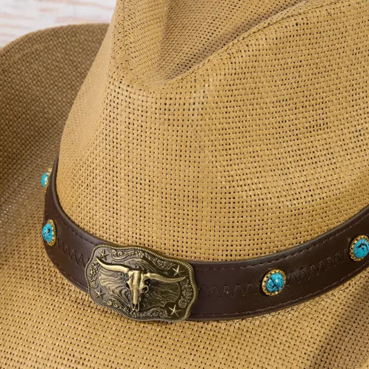Western Longhorn Strap Turquoise Accent Cowboy Hat | Tan