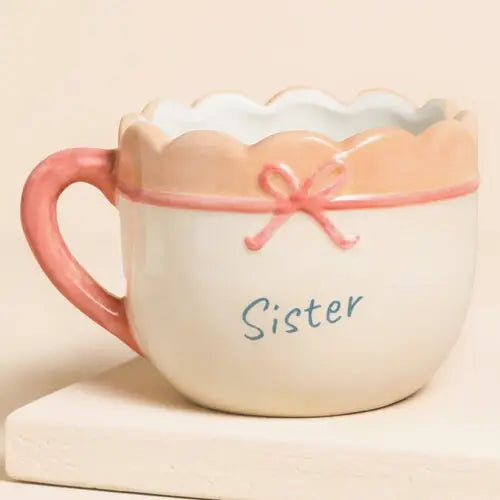 Cream Ceramic Scallop Edge Bow Sister Mug