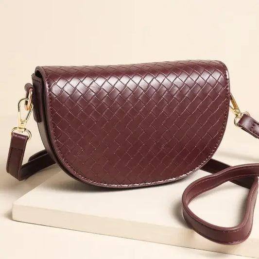Woven Vegan Leather Half Moon Crossbody Bag in Burgundy