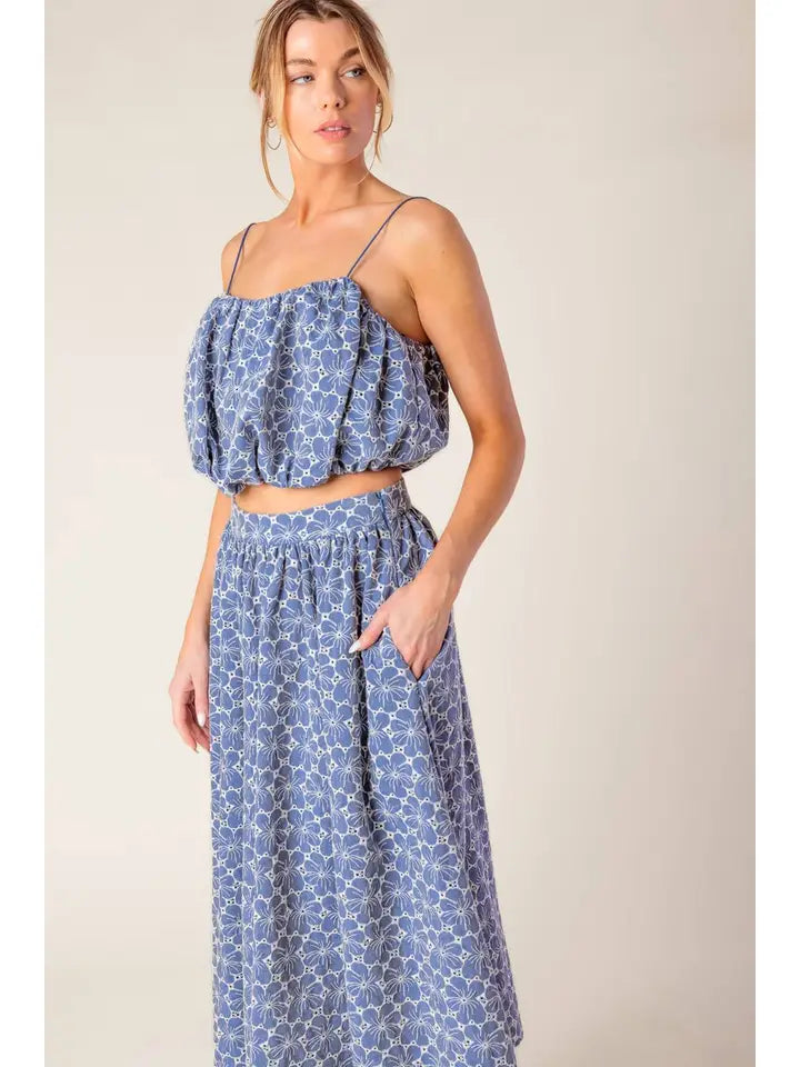 A Woven Eyelet Top and Skirt Set
