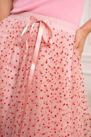Aria Heart Print Tulle Skirt - Pink
