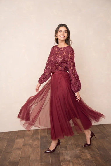 Aria Long Tulle Skirt-  Bordeaux