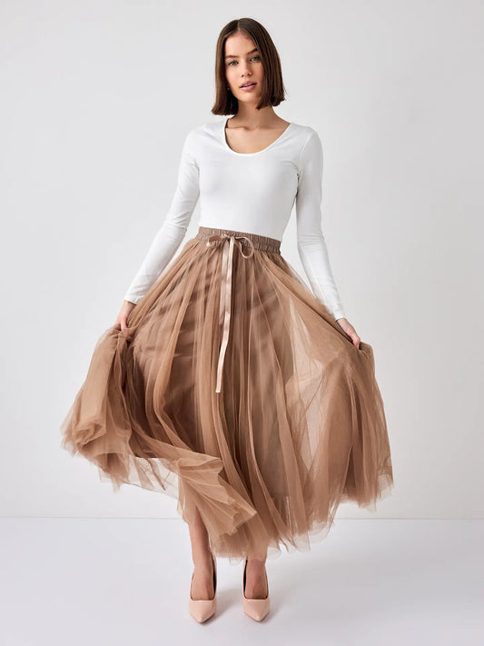 Aria Long Tulle Skirt - Taupe