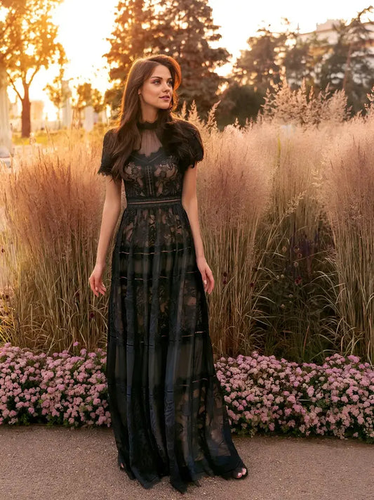 Long Lace Formal Black Evening Dress