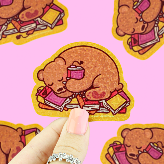 Sleepy Book Bear | Glitter | Holo | Bookish | Vinyl Sticker