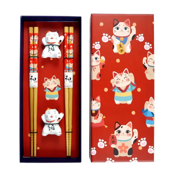 Lucky Cat Neko 2 Pair Chopsticks and Rests Gift Set
