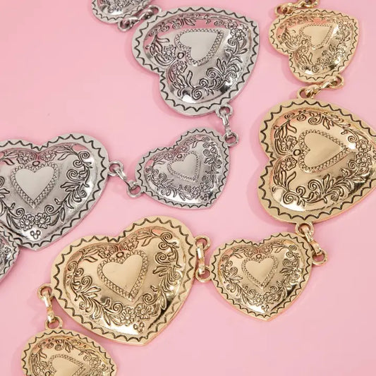 Engraved Heart Chain Belt Silver