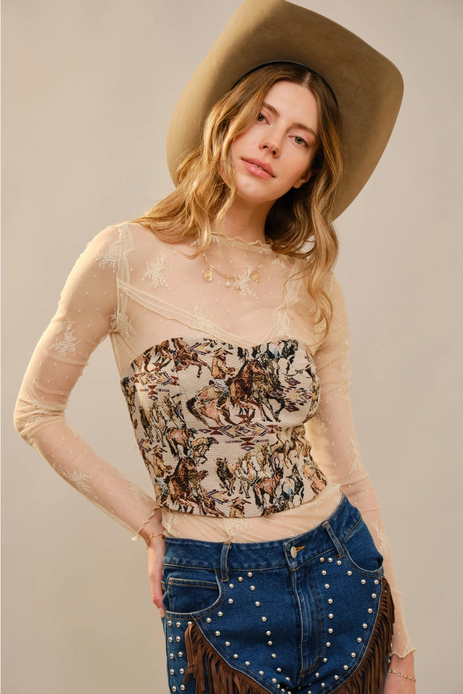 Horse Jacquard Lace-Up Corset Top
