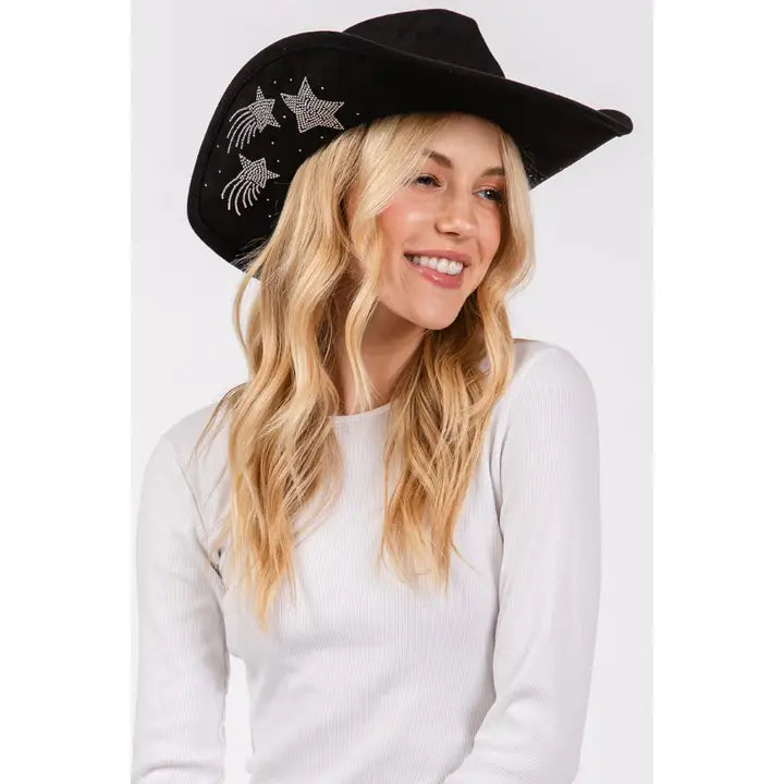 Rhinestone Moon and Star Embroidered Western Cowboy Hat | Pink