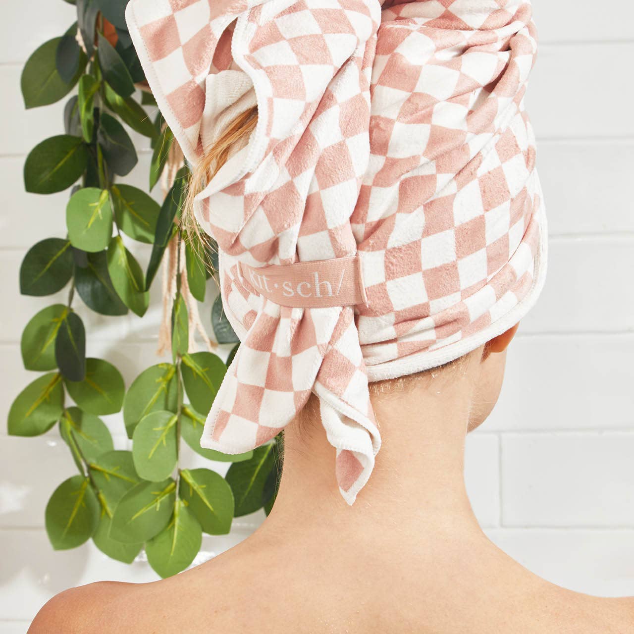 Extra Large Quick-Dry Hair Towel Wrap | Terracotta Checker