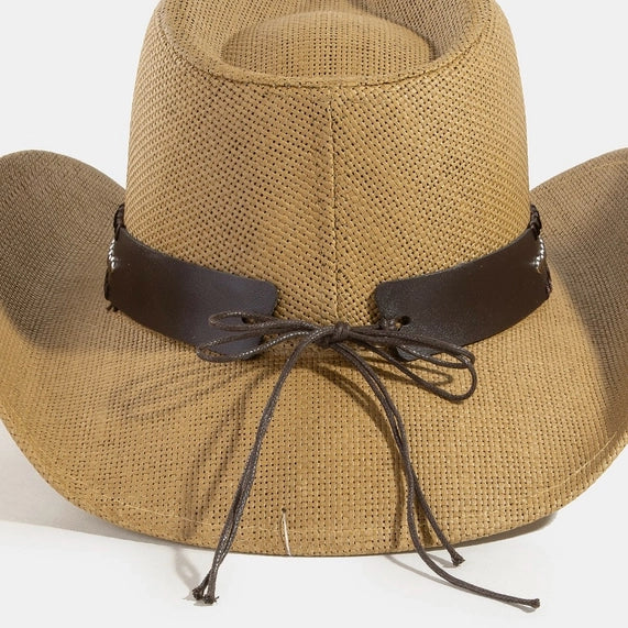 Western Long Horn Belt Strap Straw Cowboy Hat
