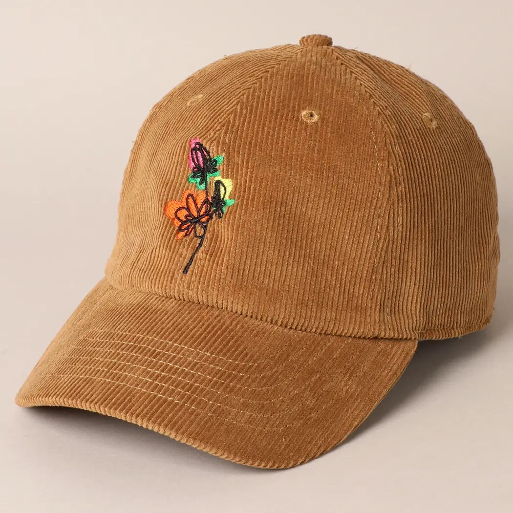 Watercolor Flower Embroidered Corduroy Baseball Cap