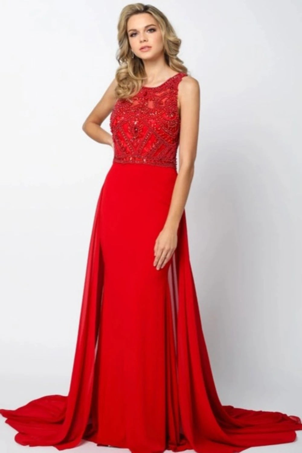 Embellished Bodice Evening Gown with Train