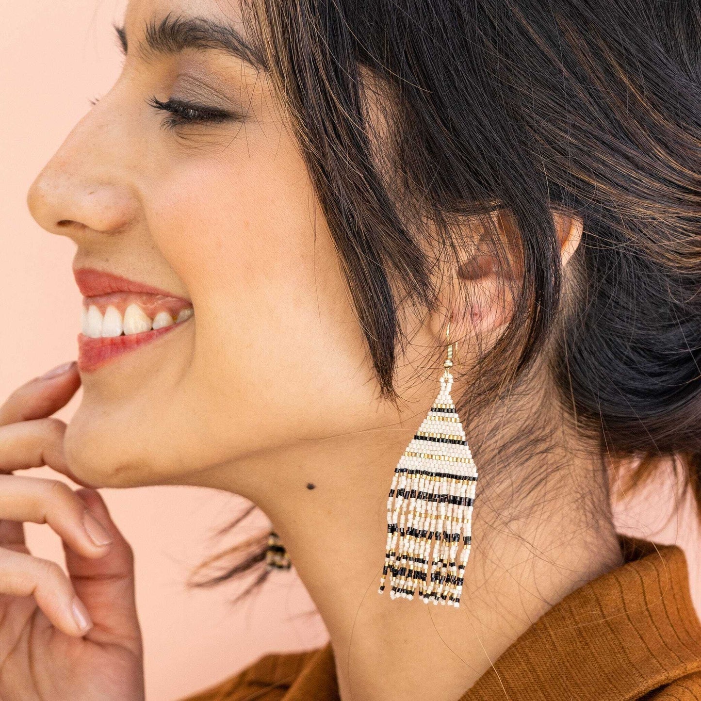 Lexie Horizontal Gold Lines Beaded Fringe Earrings