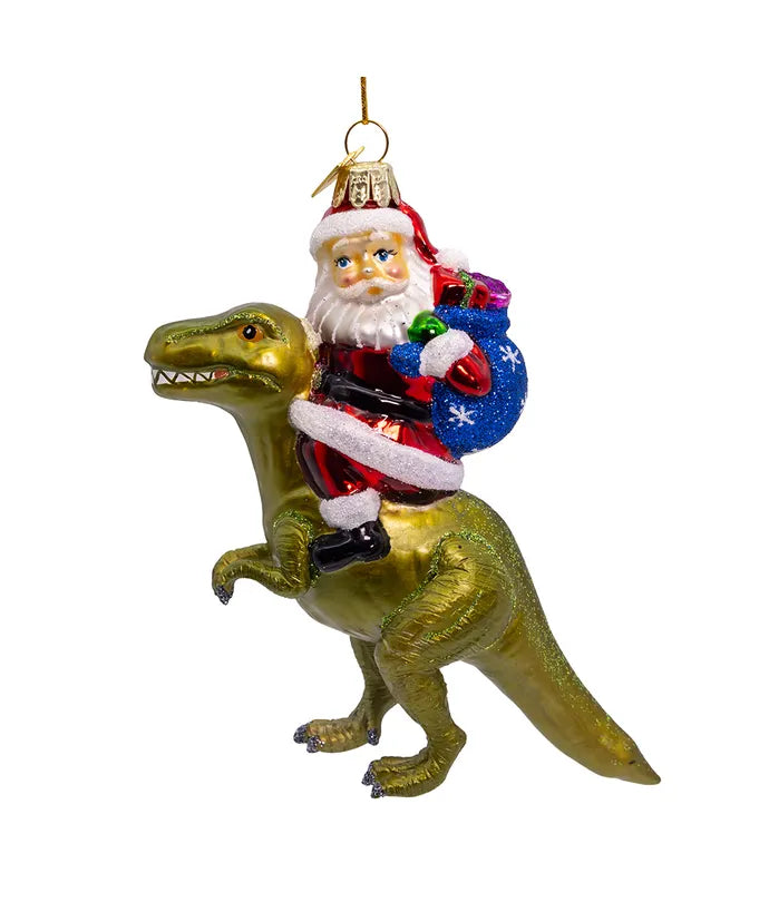 Noble Gems™ Glass Santa On Dinosaur Ornament