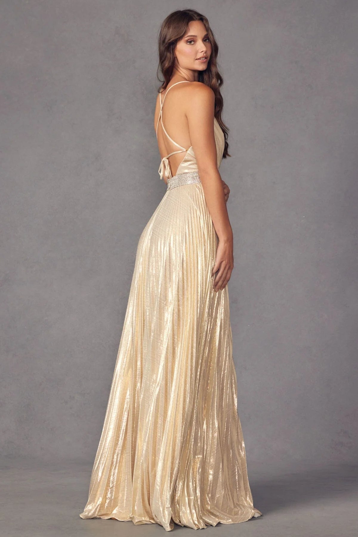 Pleated Metallic V-Neck Evening Gown