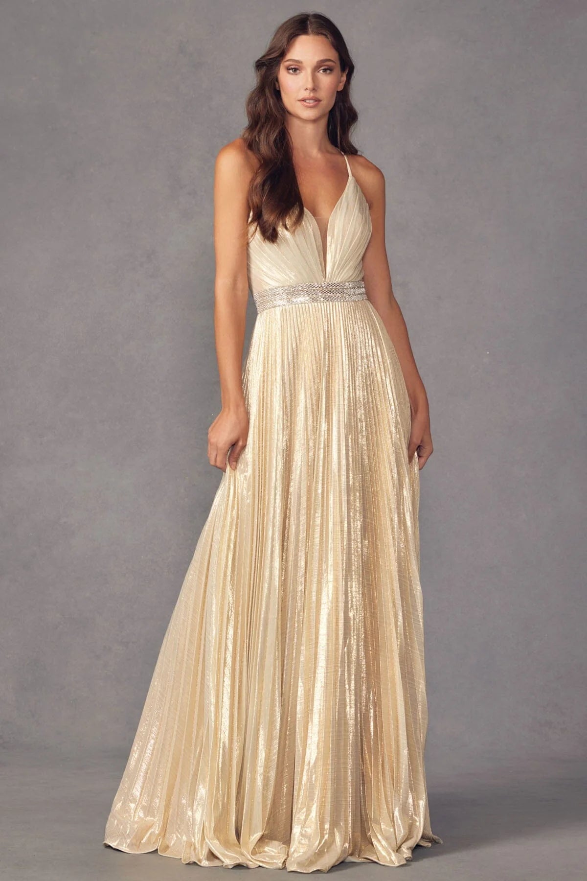 Pleated Metallic V-Neck Evening Gown