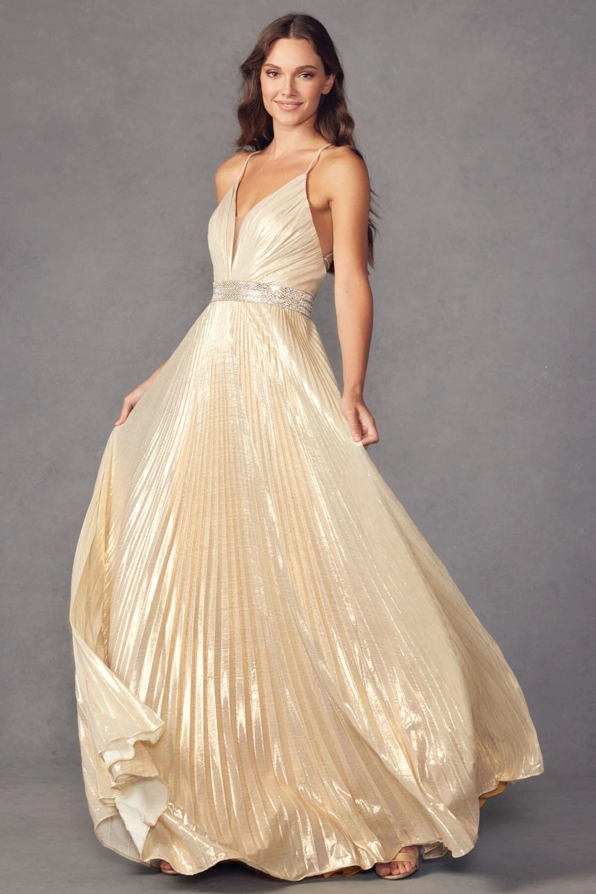 Pleated Metallic V-Neck Evening Gown