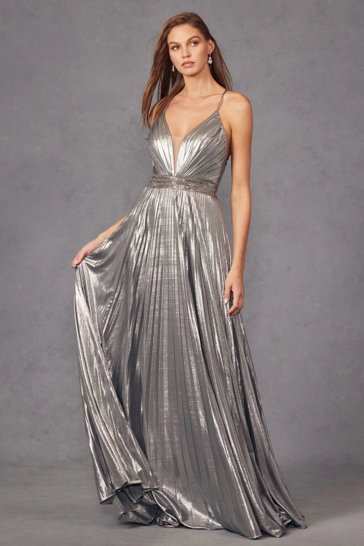 Pleated Metallic V-Neck Evening Gown