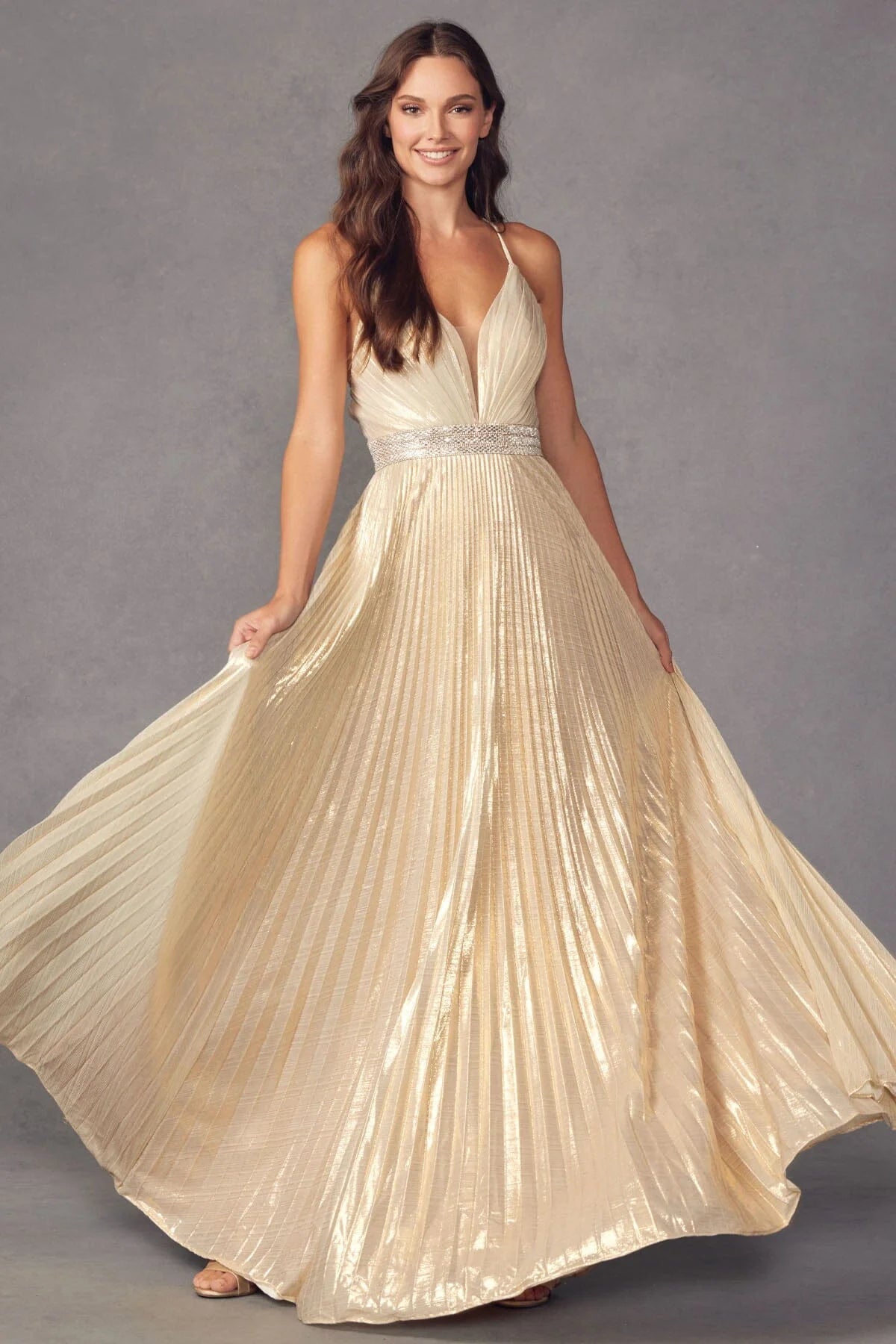 Pleated Metallic V-Neck Evening Gown