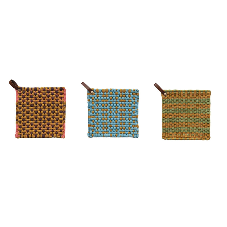 Cotton Crocheted Pot Holder with Leather Loop | Color Mix