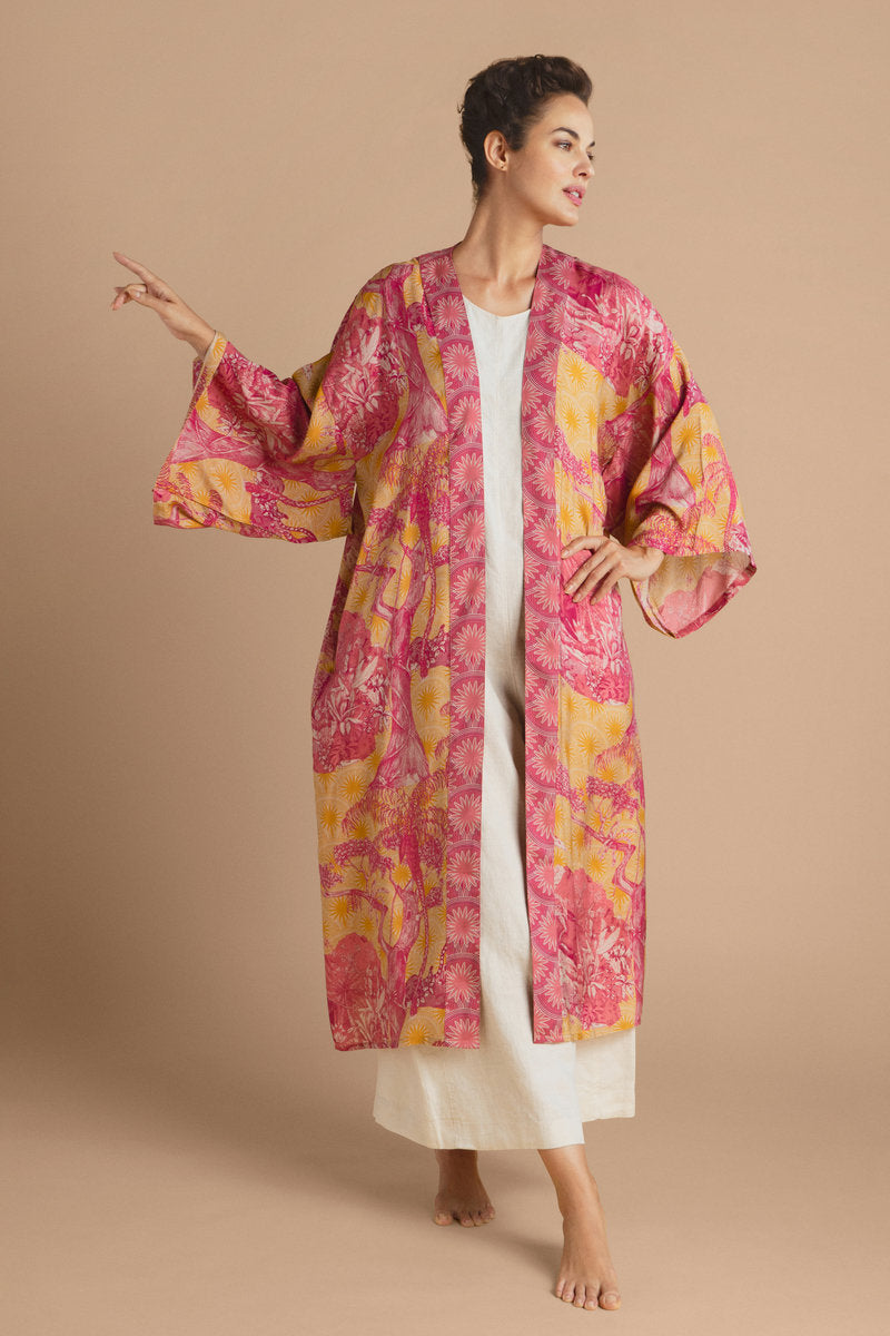 Tropical Toile Kimono Gown | Pineapple & Raspberry