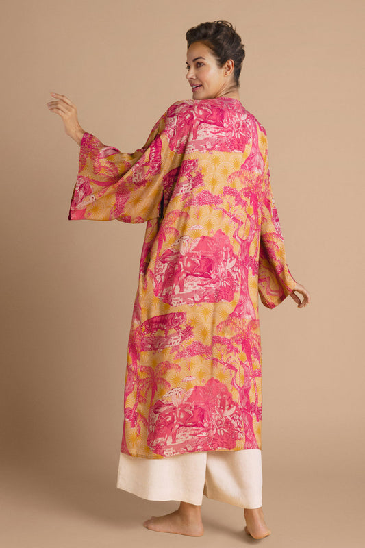 Tropical Toile Kimono Gown - Pineapple and Raspberry