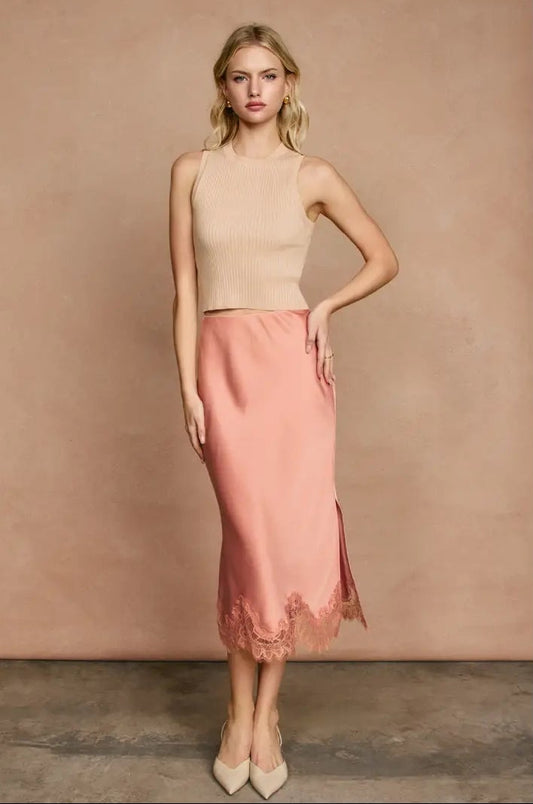 Dull Satin  Lace Hem Pencil Skirt