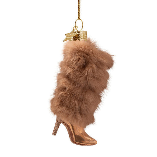 Ornament Glass Boot Brown with Faux Fur