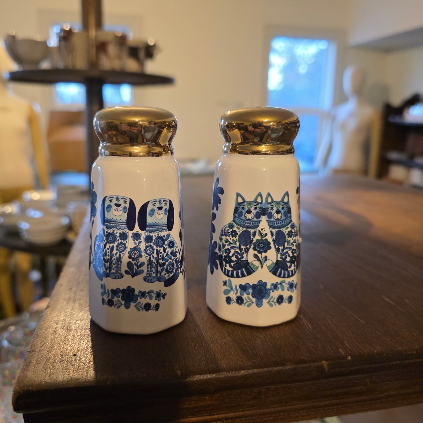 Ceramic Blue & White Salt & Pepper Shakers 4"