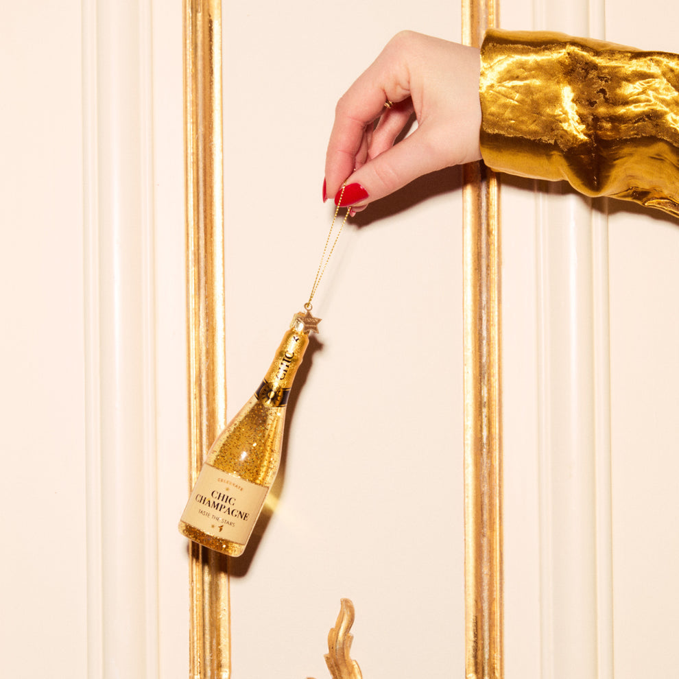 Ornament Glass Champagne Bottle with Glitter