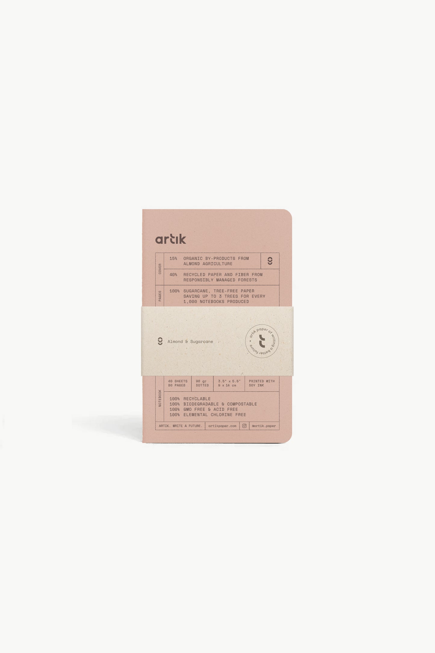 Artik Pack of 3 Pocket Singer Sewn Notebooks | Dotted | Almond