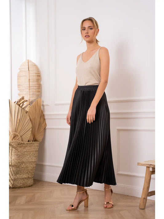 Solid Satin Pleated Skirt - Black