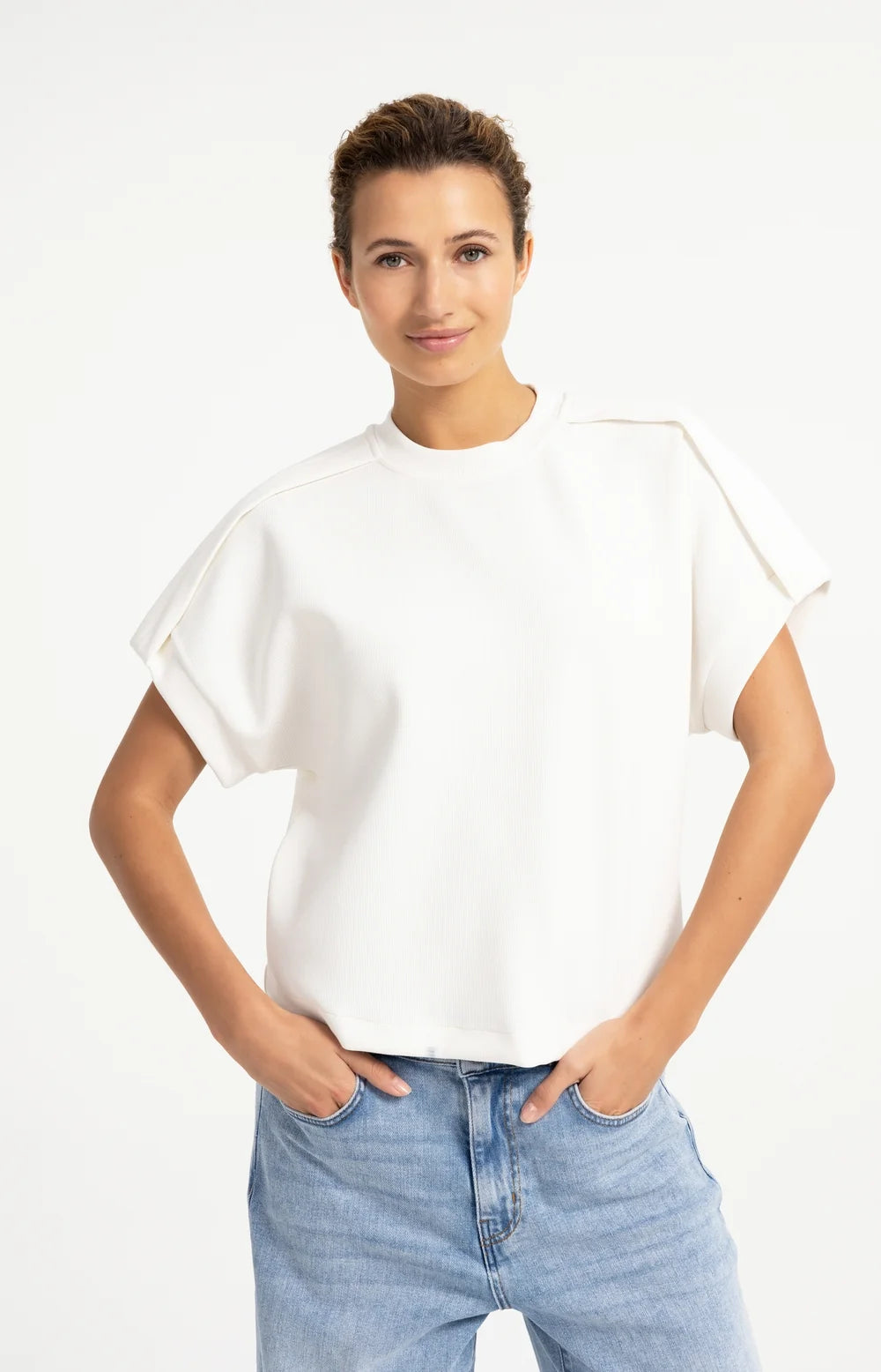 Sleeveless sweatshirt with pleated shoulder detail