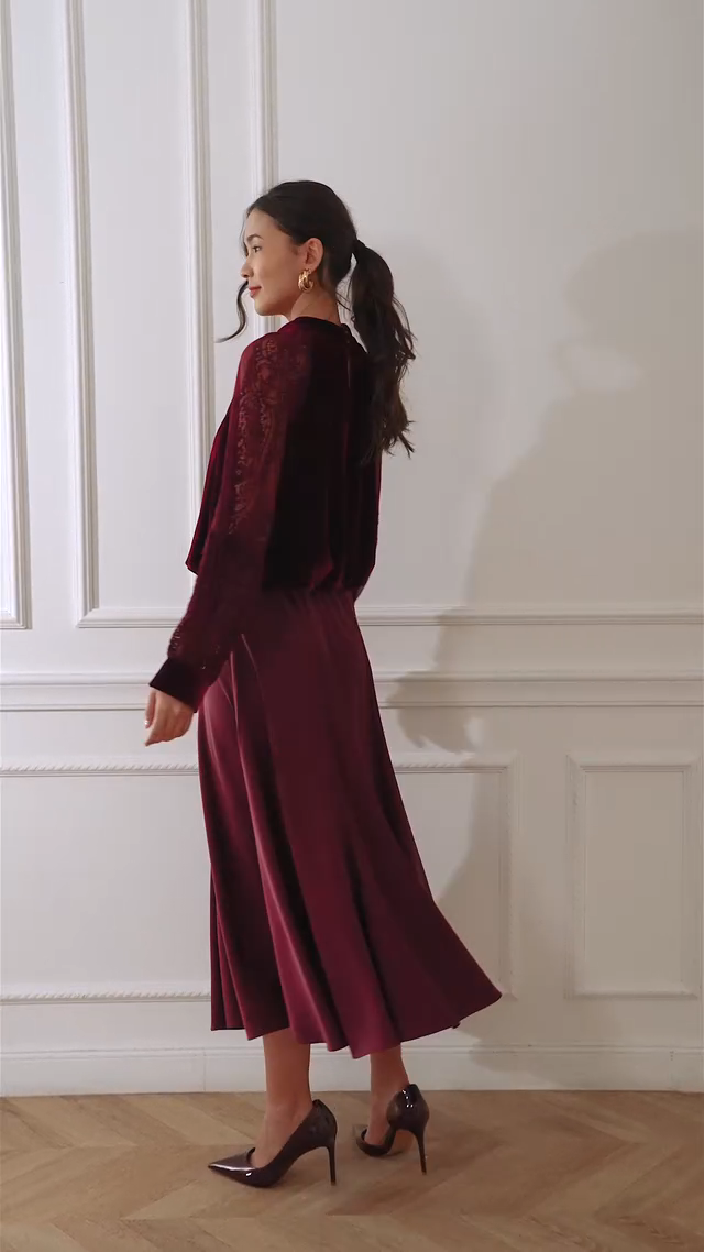 Two-Material Velvet Blouse with Lace Sleeves